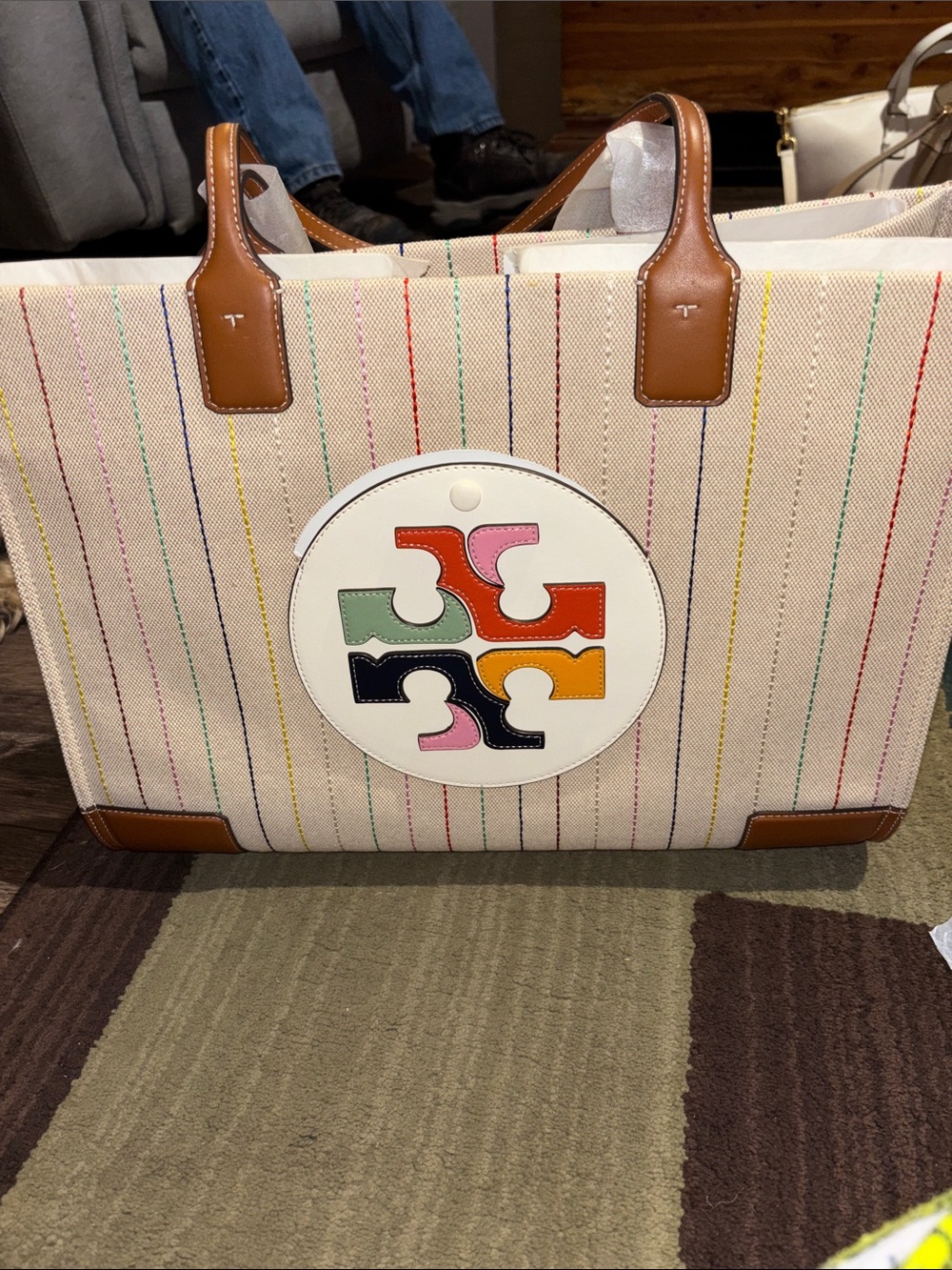 Tory Burch Cream Canvas Tote with Multicolor Logo and Brown Trim